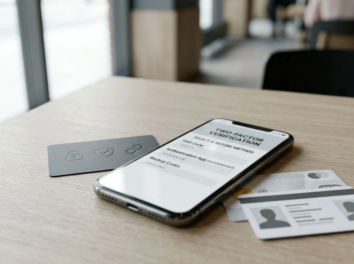 Phone verification screen beside identity document silhouettes and account security symbols