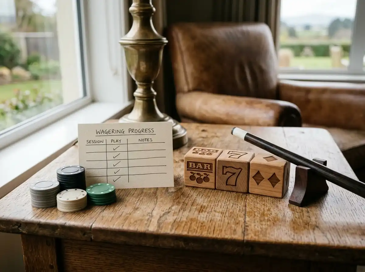 Casino chips beside a wagering progress card and slot and live-table symbols