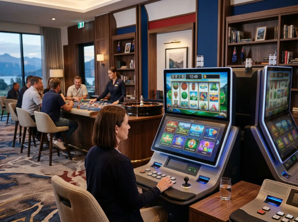 Slot reels, a live dealer table and game tiles arranged in an editorial casino scene