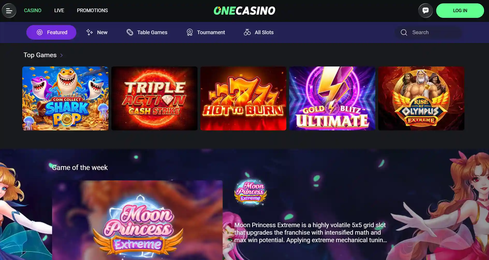 Official OneCasino homepage showing the casino navigation and the game catalogue in a desktop browser
