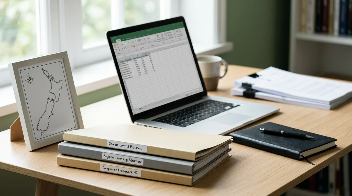 Regulatory documents beside a laptop and a neutral map outline