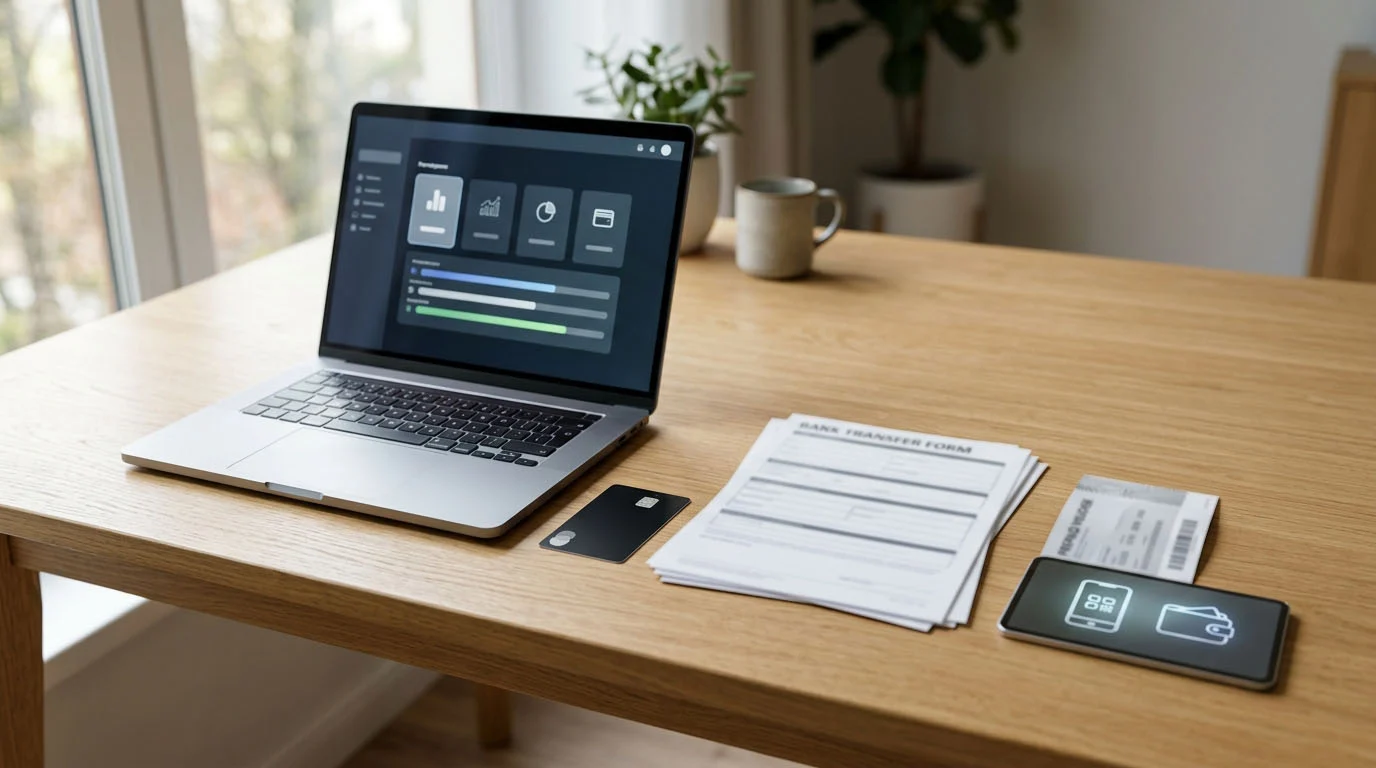 Payment card, bank transfer form and digital wallet symbols beside a laptop
