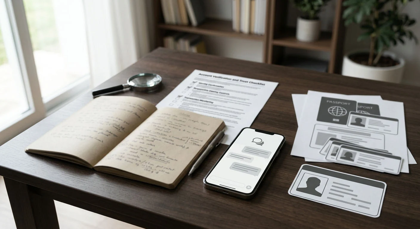 Review notes, account checklist and support chat symbols arranged on a desk